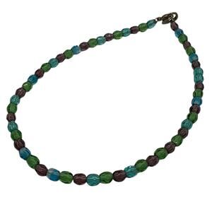 Delicate Blue Glass Beaded Bracelet with Teal, Green & Purple Metal Clasp